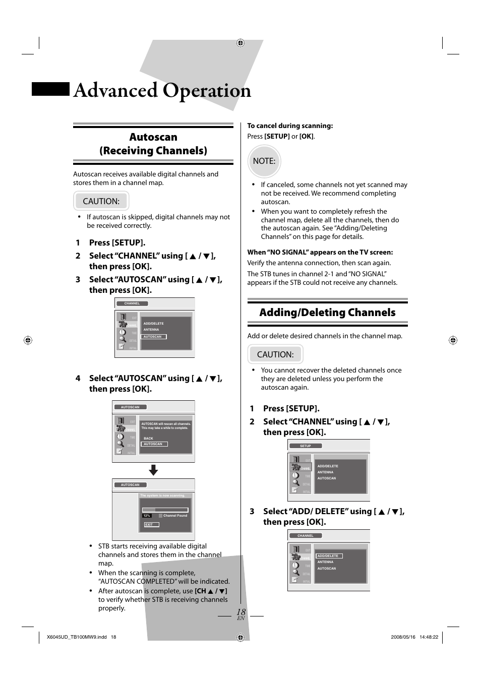 Advanced operation, Autoscan (receiving channels), Adding/deleting channels | Caution | Philips Magnavox TB100MW9A User Manual | Page 18 / 28