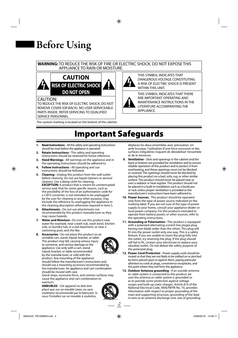 Before using, Important safeguards, Caution | Risk of electric shock do not open | Philips Magnavox TB100MW9A User Manual | Page 2 / 28