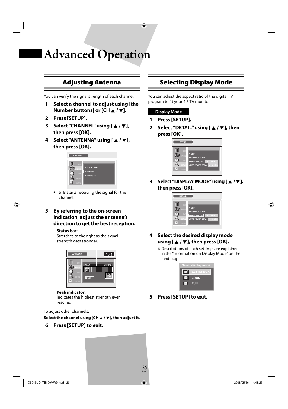 Advanced operation, Adjusting antenna, Selecting display mode | 6 press [setup] to exit, 5 press [setup] to exit | Philips Magnavox TB100MW9A User Manual | Page 20 / 28