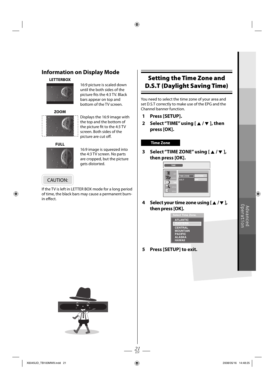 Information on display mode, Caution, 5 press [setup] to exit | Philips Magnavox TB100MW9A User Manual | Page 21 / 28