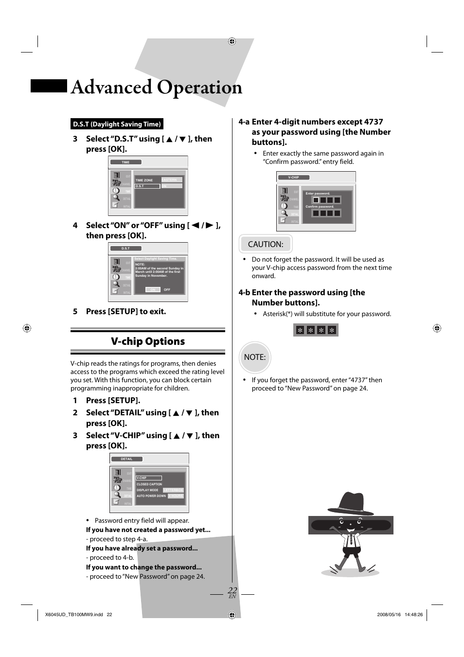 Advanced operation, V-chip options, 3 select “d.s.t” using [ k / l ], then press [ok | 5 press [setup] to exit, Caution, B enter the password using [the number buttons | Philips Magnavox TB100MW9A User Manual | Page 22 / 28
