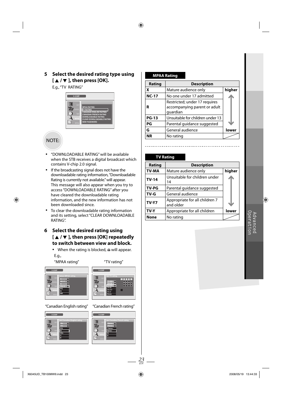 Advanced operation, E.g., “tv rating, Canadian english rating” “canadian french rating | Philips Magnavox TB100MW9A User Manual | Page 23 / 28
