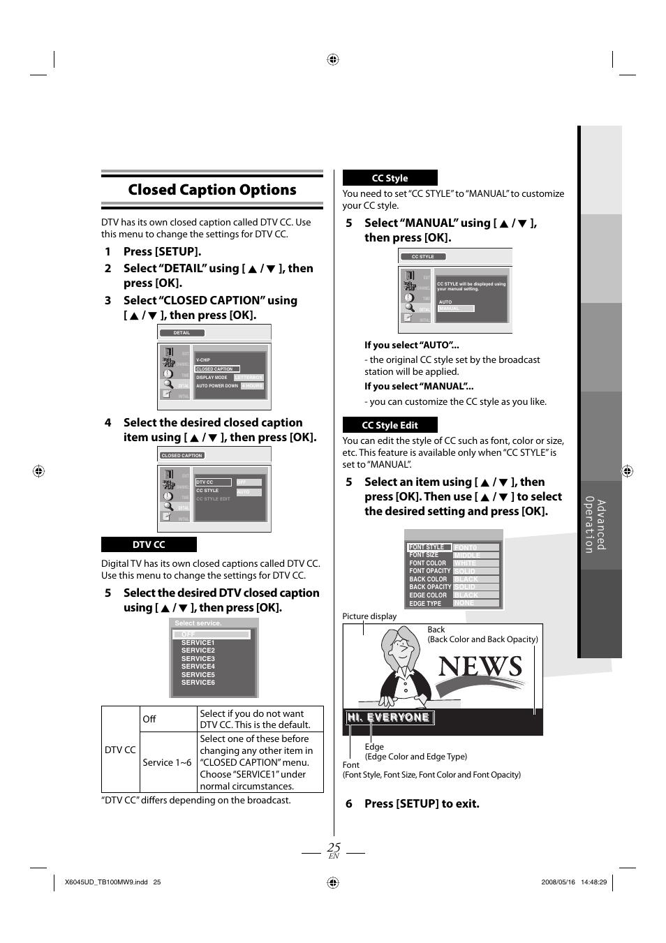Closed caption options, 5 select “manual” using [ k / l ], then press [ok, 6 press [setup] to exit | Advanced operation | Philips Magnavox TB100MW9A User Manual | Page 25 / 28