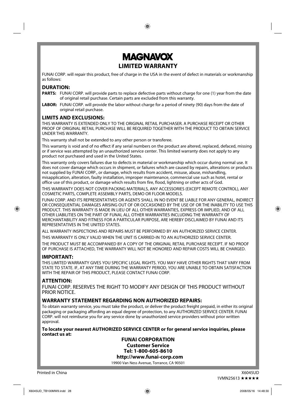 Limited warranty | Philips Magnavox TB100MW9A User Manual | Page 28 / 28