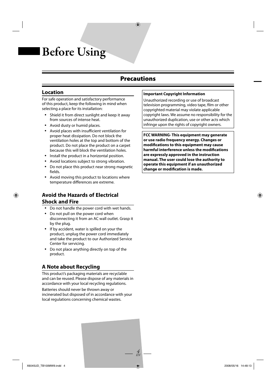 Before using, Precautions | Philips Magnavox TB100MW9A User Manual | Page 4 / 28