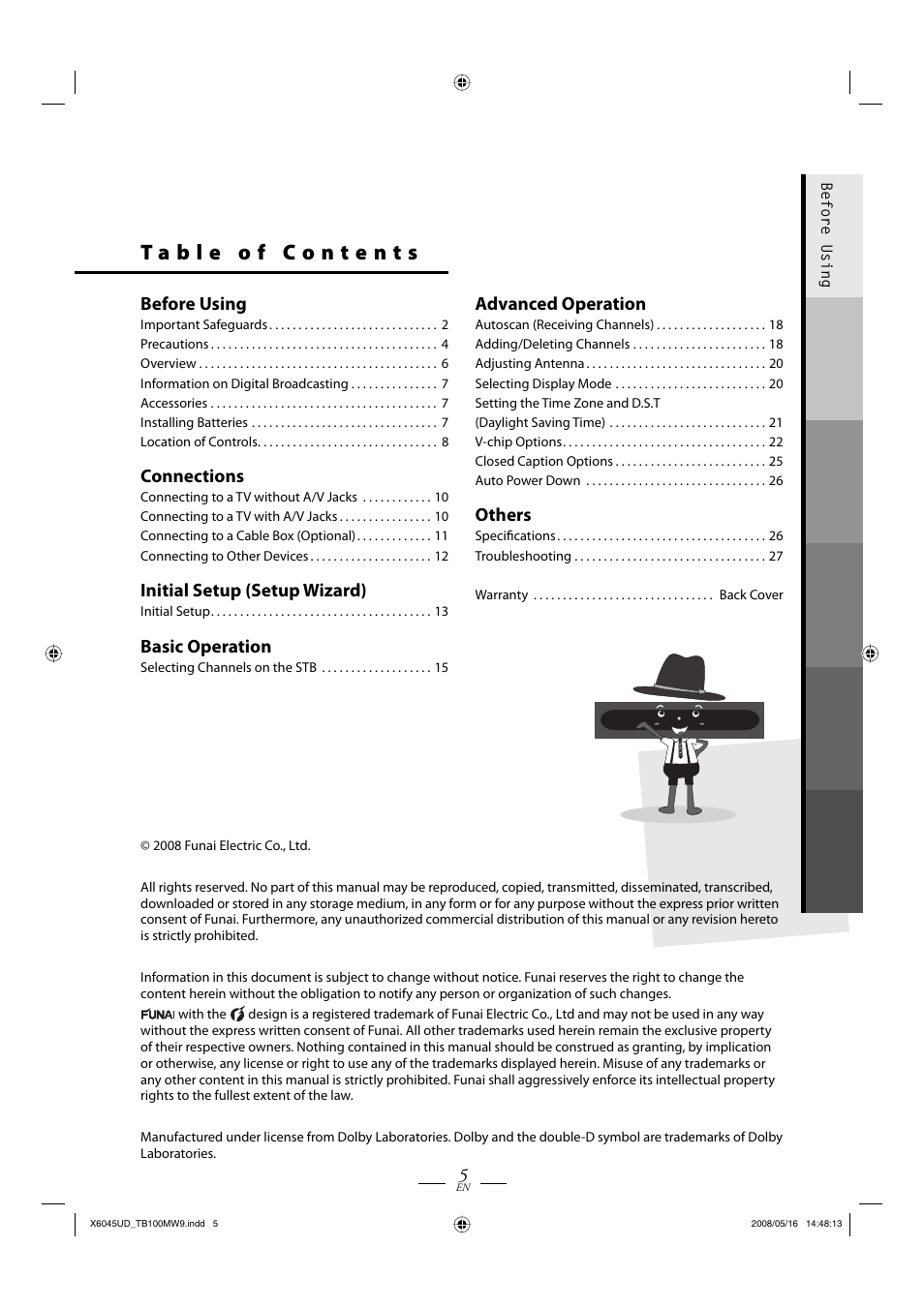 Before using, Connections, Initial setup (setup wizard) | Basic operation, Advanced operation, Others | Philips Magnavox TB100MW9A User Manual | Page 5 / 28