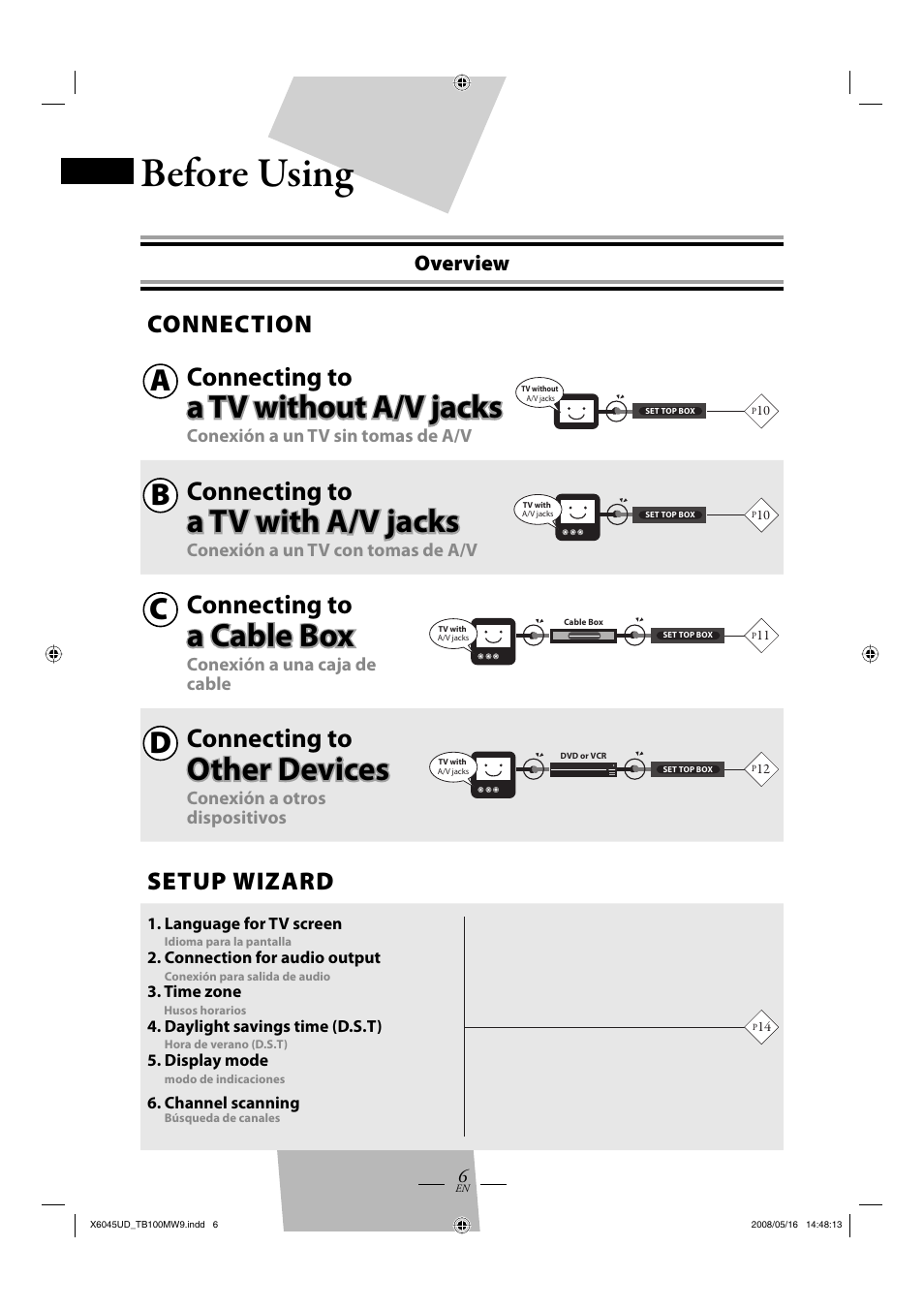 Before using, A tv without a/v jacks, A tv with a/v jacks | A cable box, Other devices, Connecting to, Connection, Setup wizard, Overview | Philips Magnavox TB100MW9A User Manual | Page 6 / 28