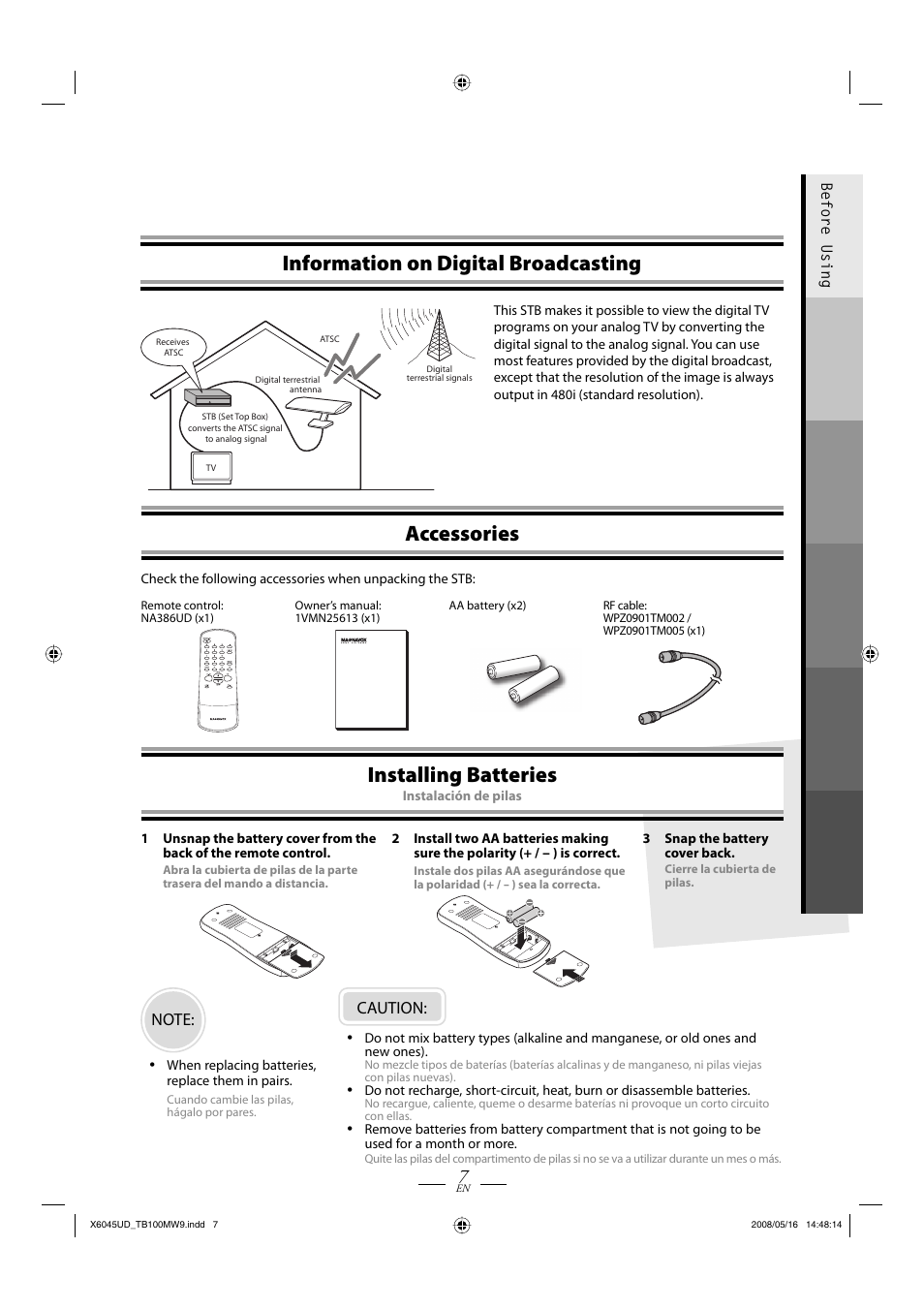 Information on digital broadcasting, Accessories, Installing batteries | Caution | Philips Magnavox TB100MW9A User Manual | Page 7 / 28