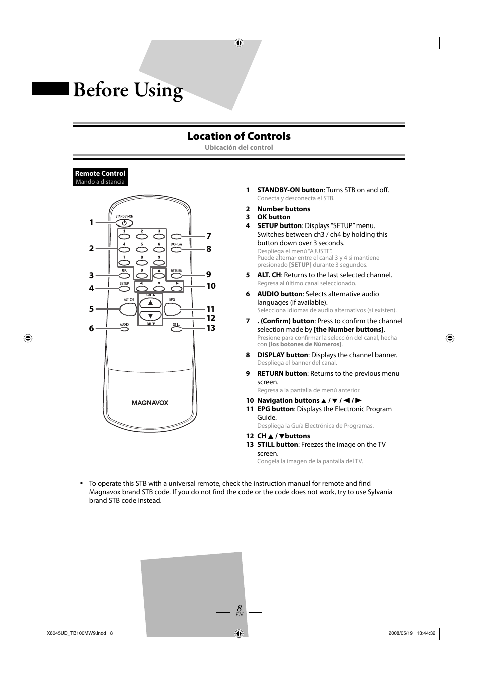 Before using, Location of controls | Philips Magnavox TB100MW9A User Manual | Page 8 / 28