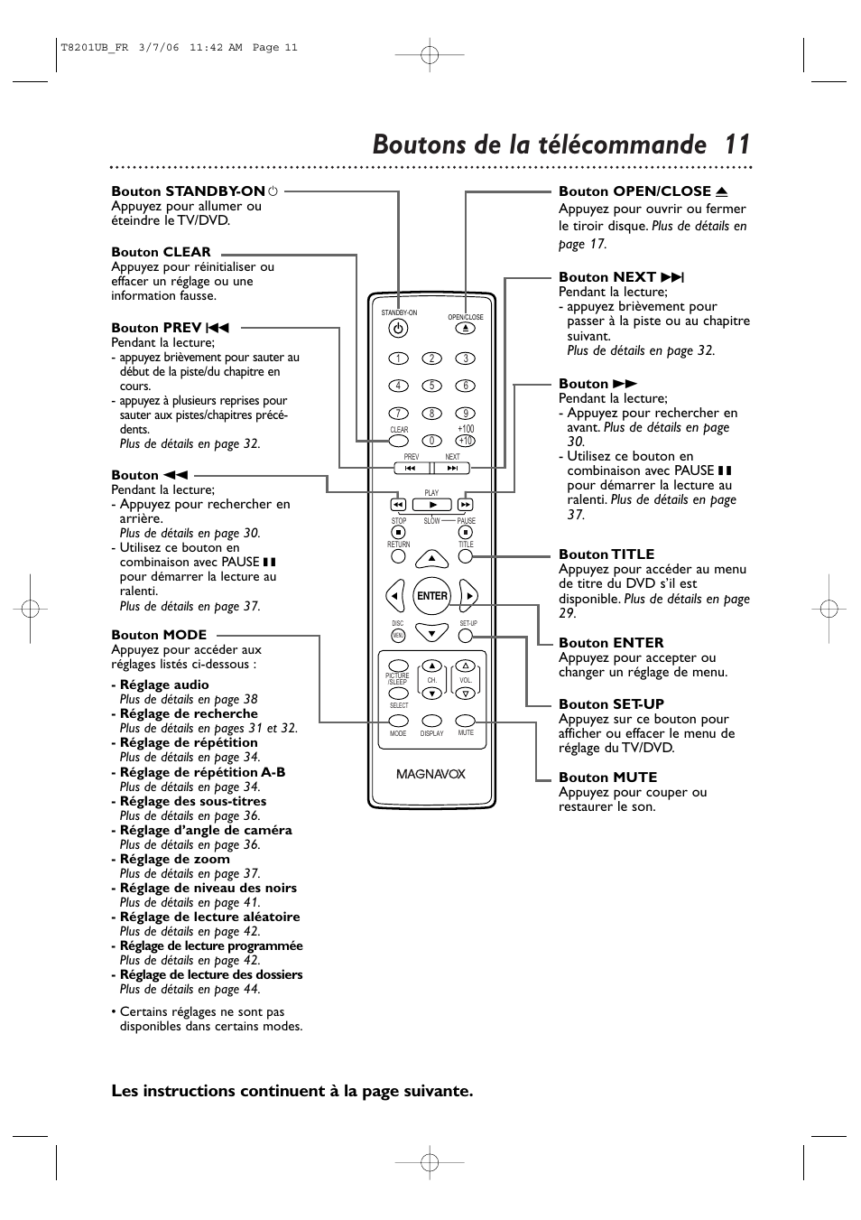 Boutons de la télécommande 11, Les instructions continuent à la page suivante | Philips Magnavox 13MC3206 User Manual | Page 11 / 64
