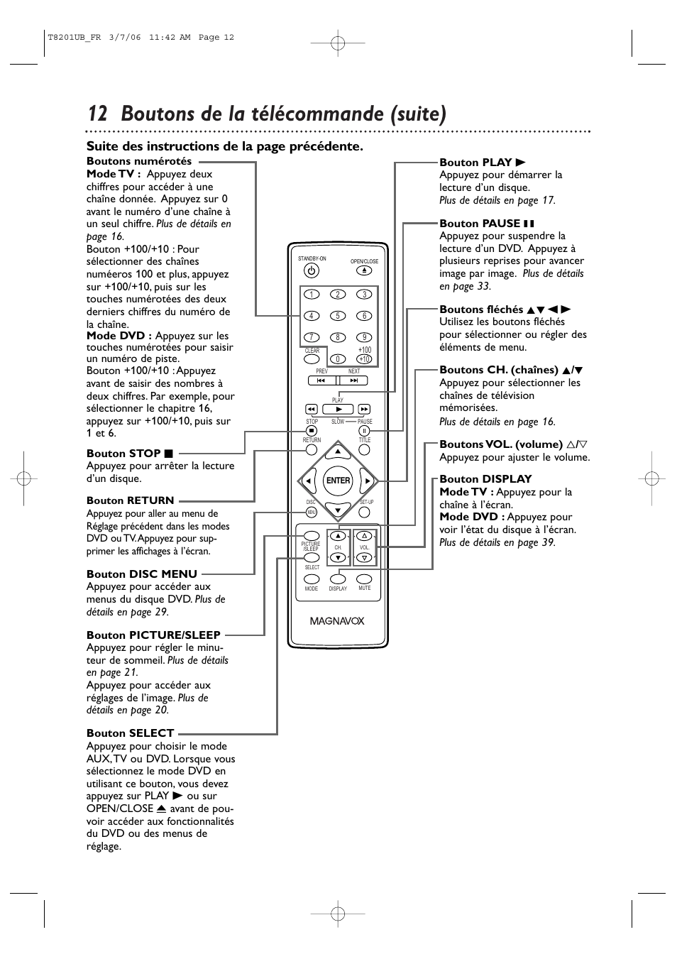 12 boutons de la télécommande (suite), Suite des instructions de la page précédente | Philips Magnavox 13MC3206 User Manual | Page 12 / 64