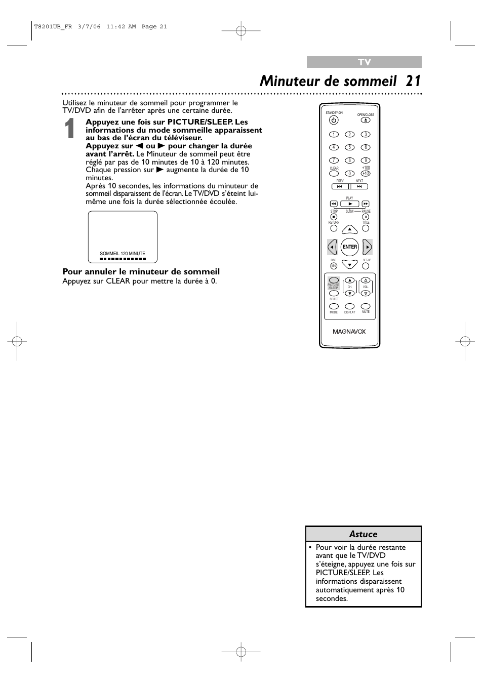 Minuteur de sommeil 21, Astuce, Pour annuler le minuteur de sommeil | Philips Magnavox 13MC3206 User Manual | Page 21 / 64