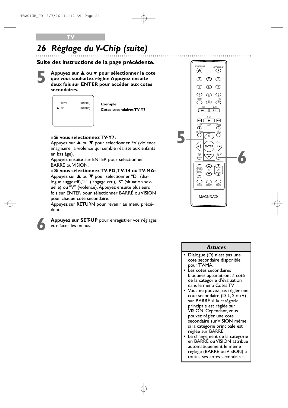 26 réglage du v-chip (suite), Astuces, Suite des instructions de la page précédente | Philips Magnavox 13MC3206 User Manual | Page 26 / 64