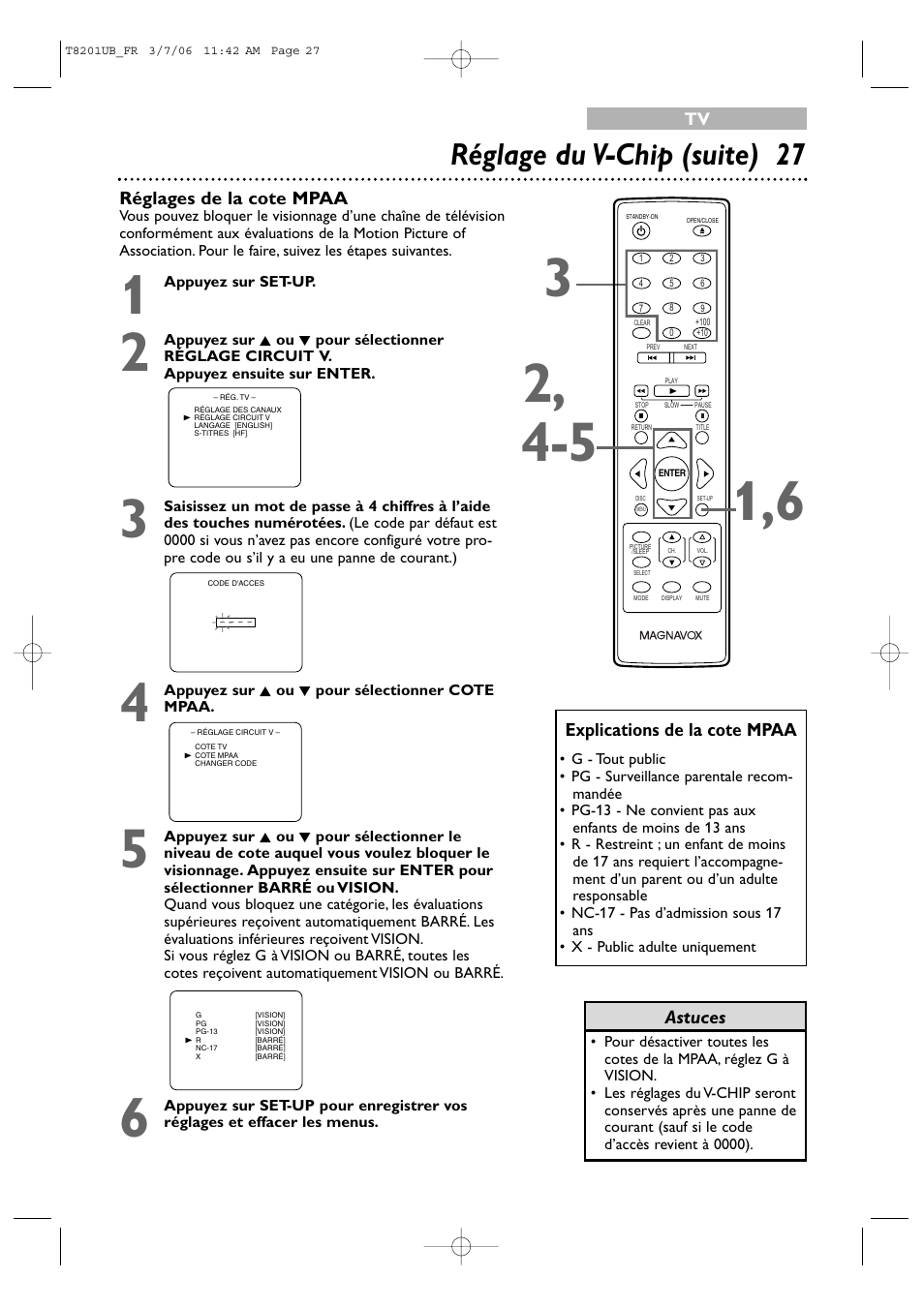 Réglage du v-chip (suite) 27 | Philips Magnavox 13MC3206 User Manual | Page 27 / 64