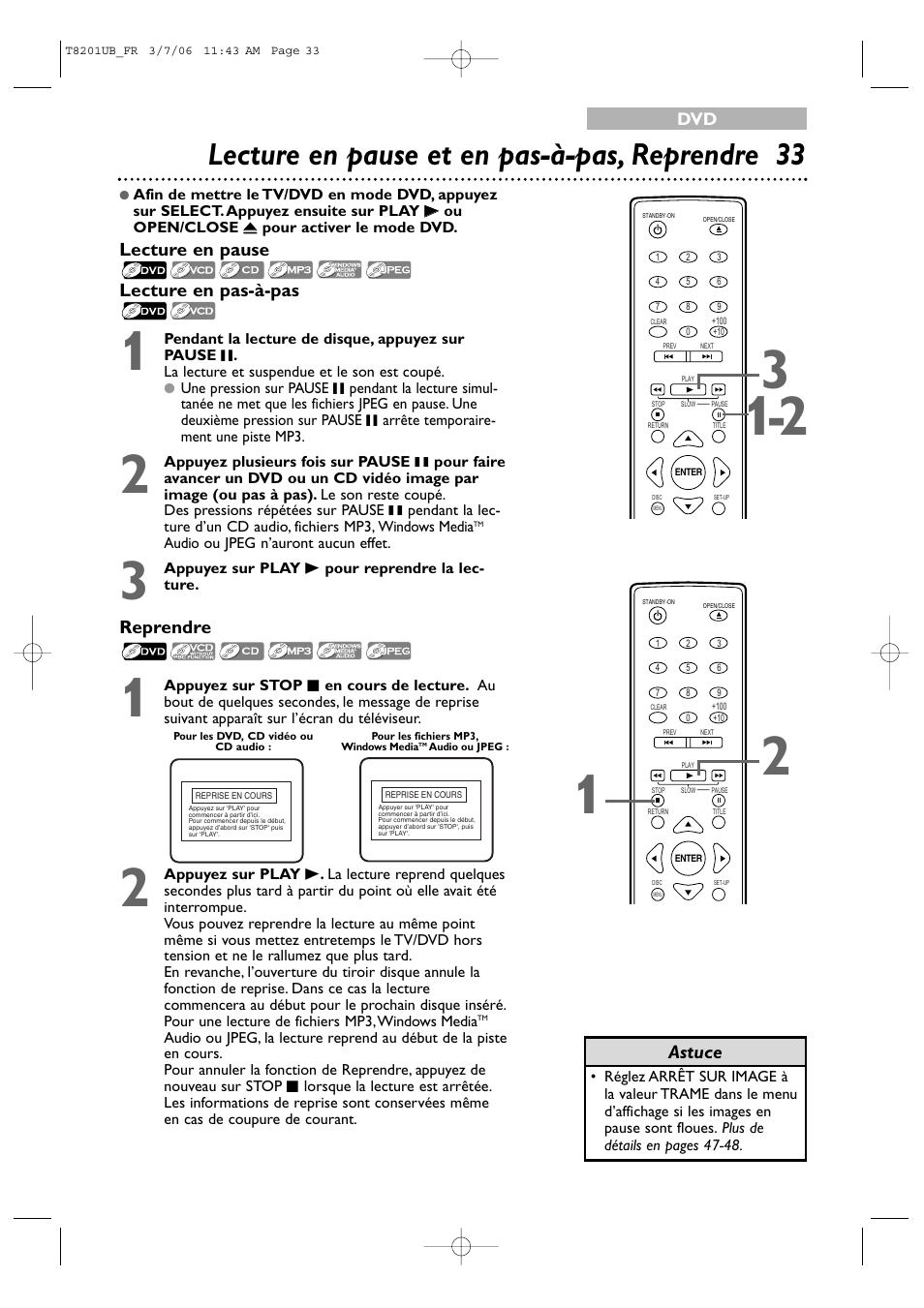 Lecture en pause et en pas-à-pas, reprendre 33, Lecture en pause lecture en pas-à-pas, Astuce | Reprendre | Philips Magnavox 13MC3206 User Manual | Page 33 / 64