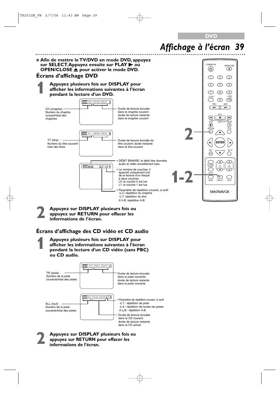 Affichage à l’écran 39, Écrans d’affichage des cd vidéo et cd audio, Écrans d’affichage dvd | Philips Magnavox 13MC3206 User Manual | Page 39 / 64