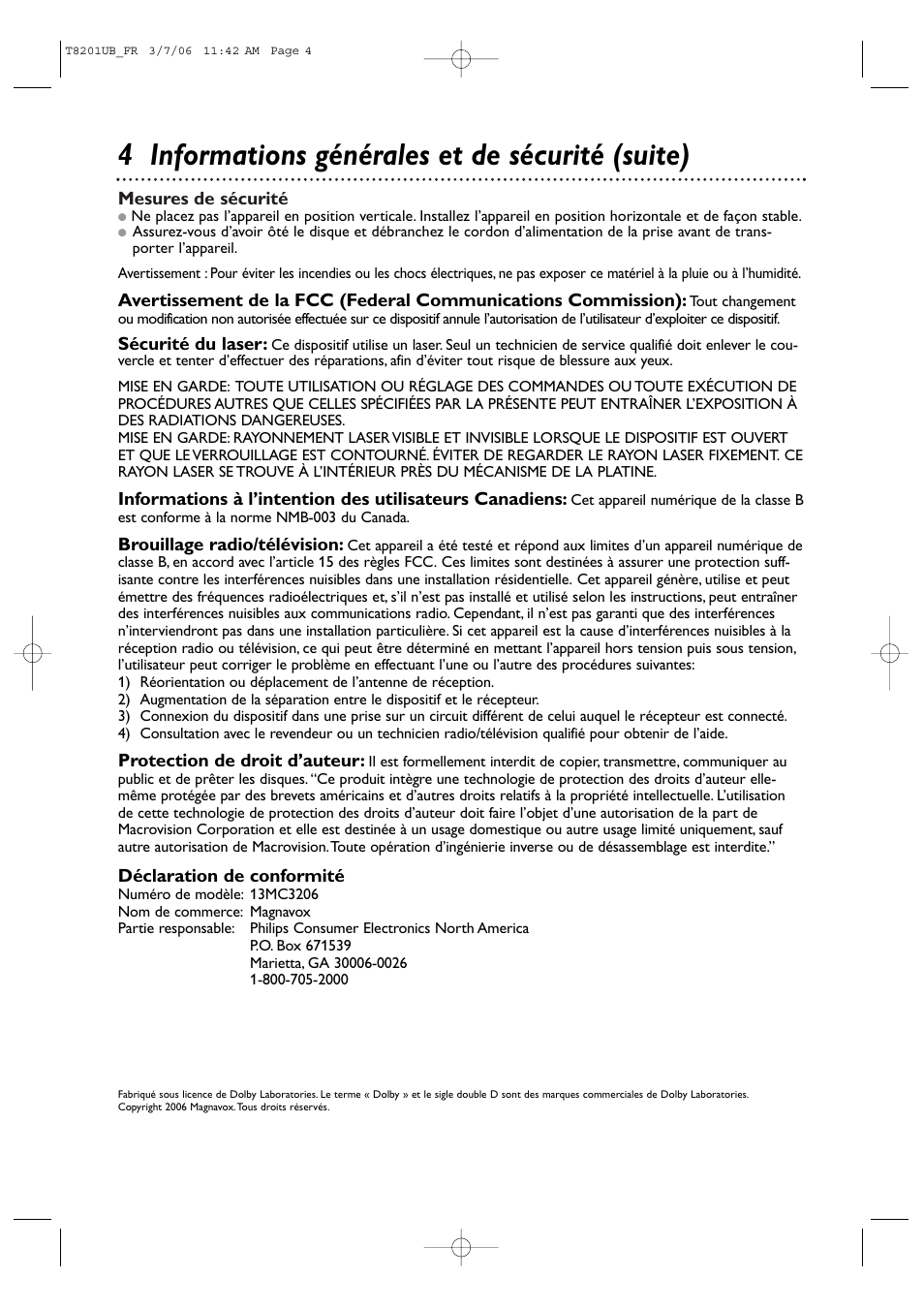 4 informations générales et de sécurité (suite) | Philips Magnavox 13MC3206 User Manual | Page 4 / 64