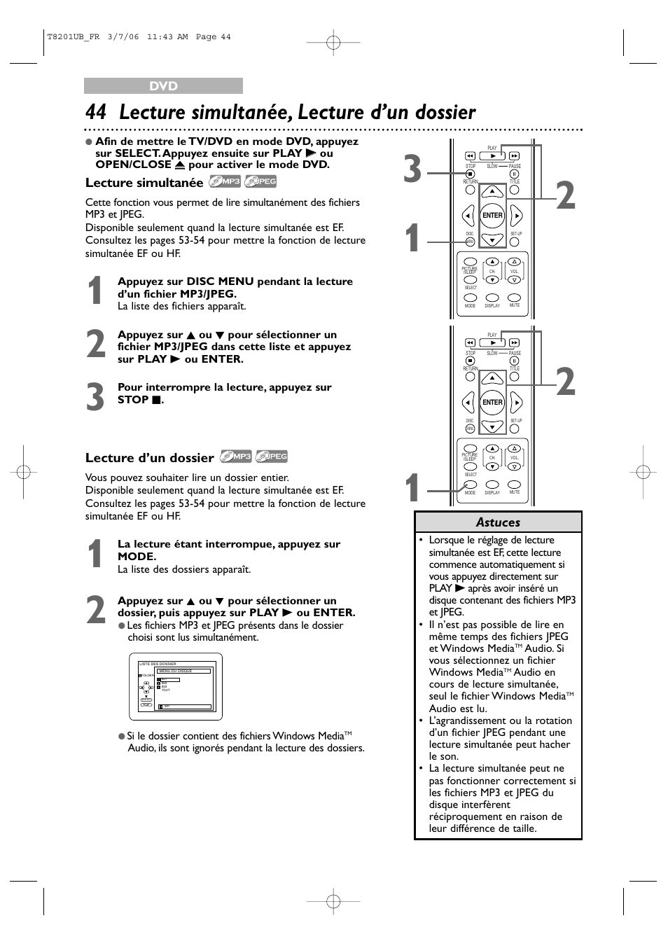 44 lecture simultanée, lecture d’un dossier | Philips Magnavox 13MC3206 User Manual | Page 44 / 64