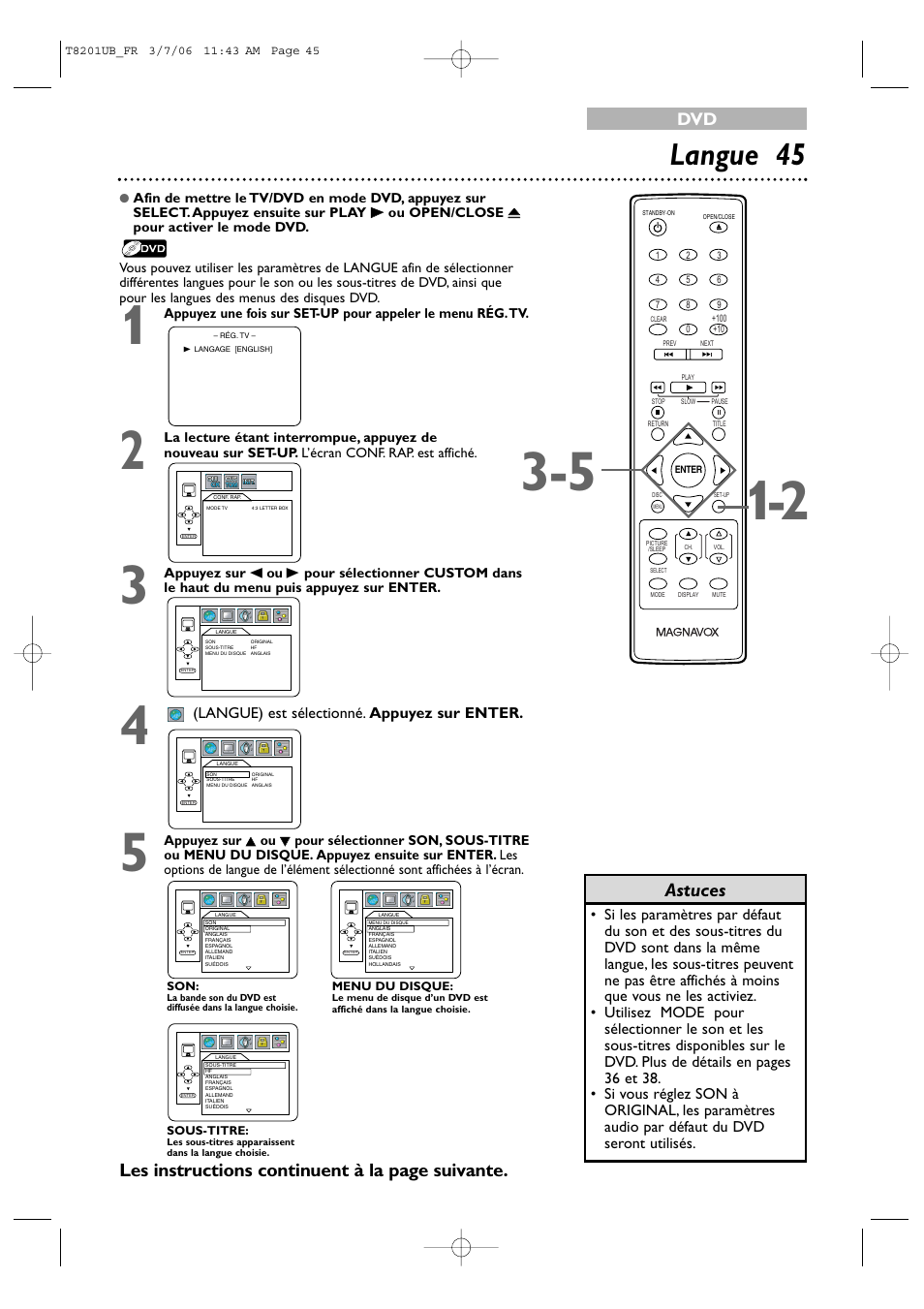 Langue 45, Astuces, Les instructions continuent à la page suivante | Philips Magnavox 13MC3206 User Manual | Page 45 / 64