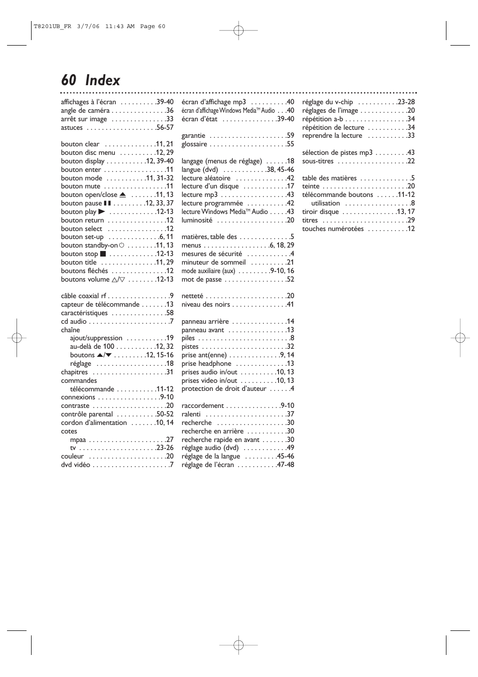 60 index | Philips Magnavox 13MC3206 User Manual | Page 60 / 64