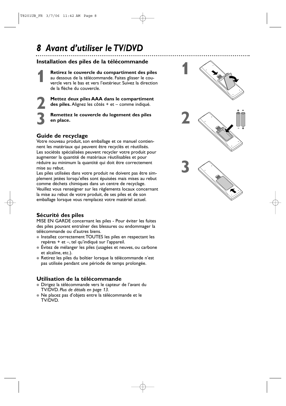8 avant d’utiliser le tv/dvd | Philips Magnavox 13MC3206 User Manual | Page 8 / 64