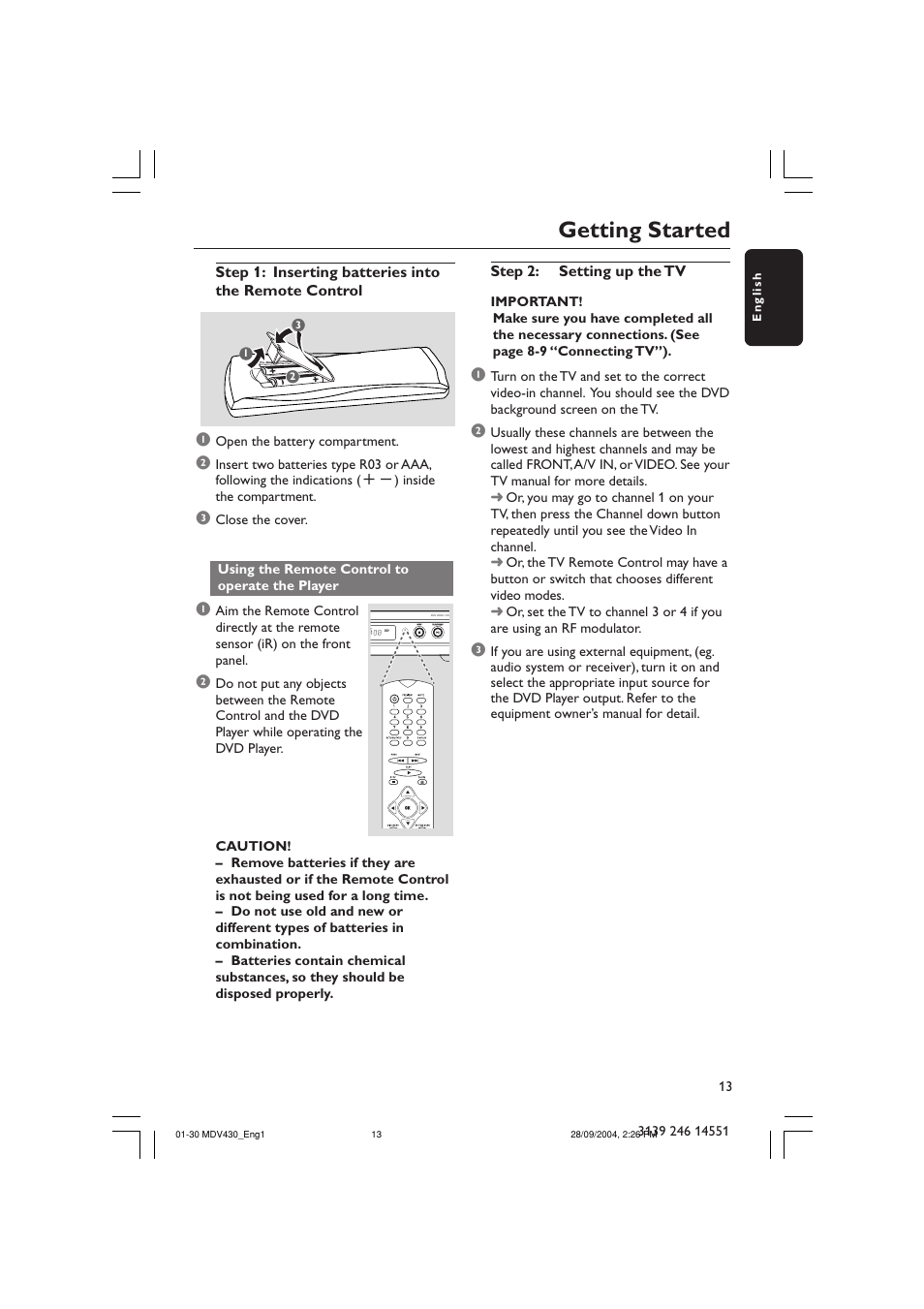 Getting started, Step 2: setting up the tv | Philips Magnavox MDV430 User Manual | Page 13 / 30