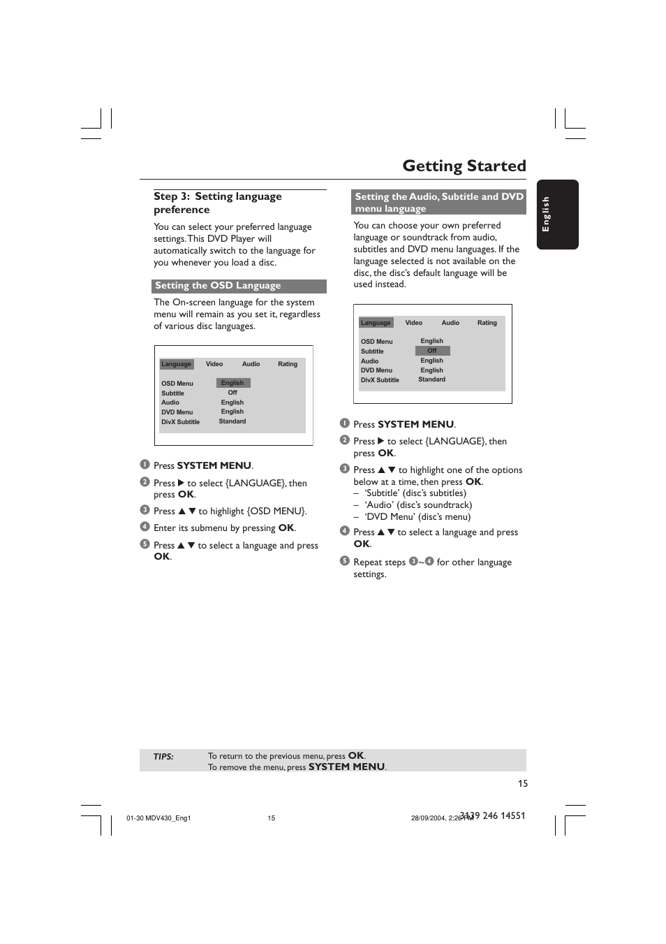 Getting started, Step 3: setting language preference | Philips Magnavox MDV430 User Manual | Page 15 / 30