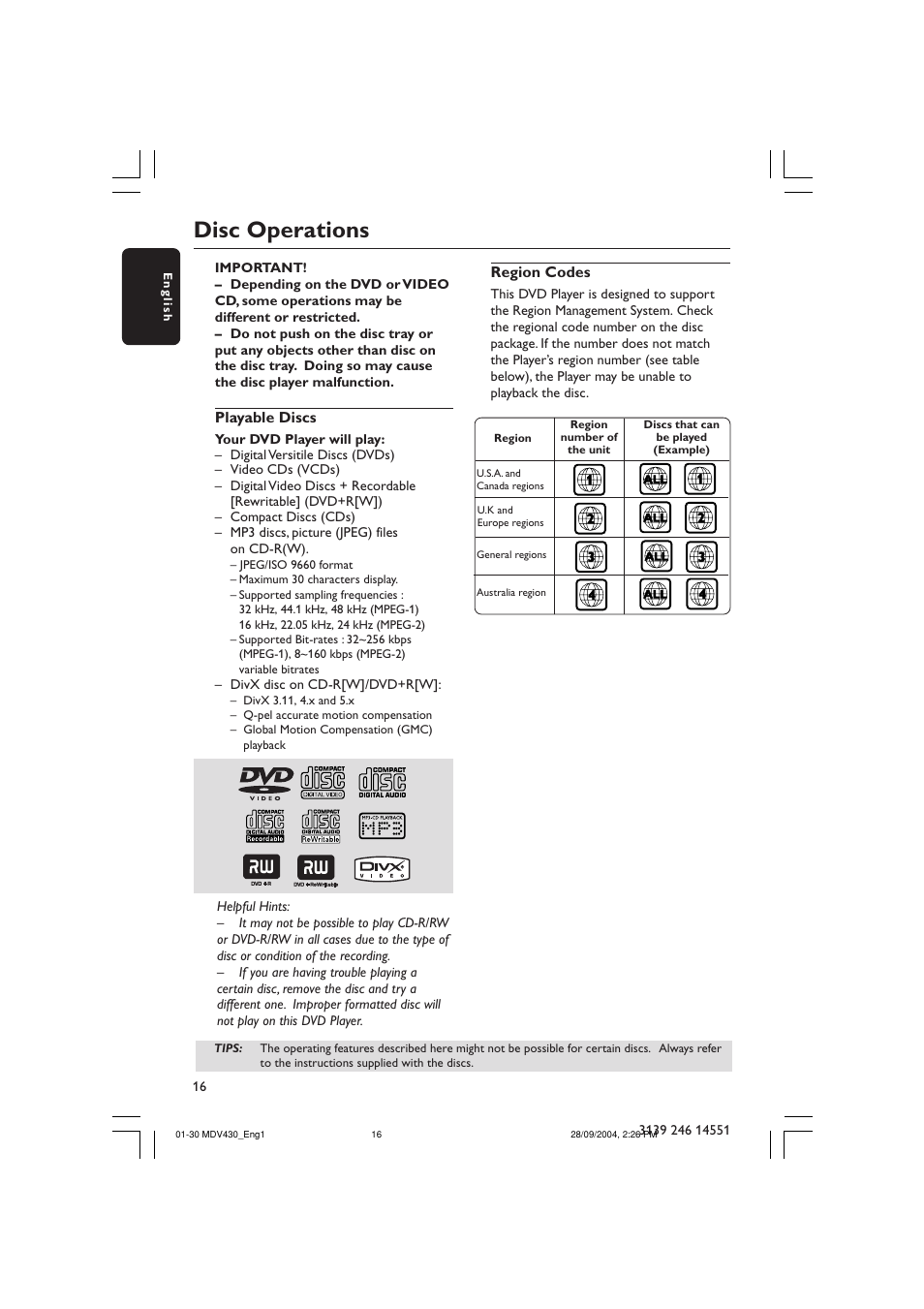 Disc operations | Philips Magnavox MDV430 User Manual | Page 16 / 30