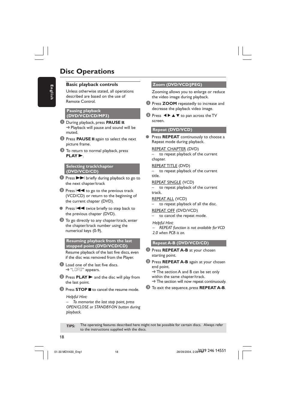 Disc operations | Philips Magnavox MDV430 User Manual | Page 18 / 30