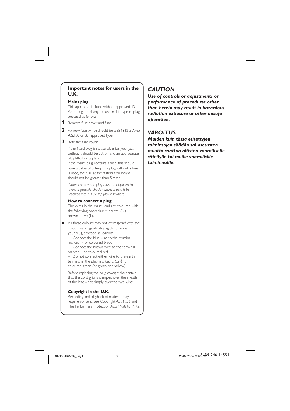 Caution, Varoitus | Philips Magnavox MDV430 User Manual | Page 2 / 30