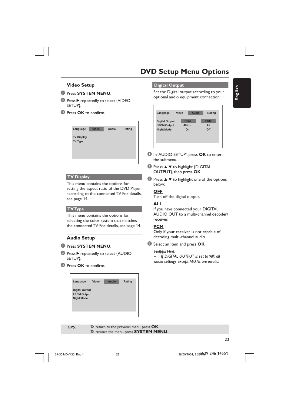 Dvd setup menu options | Philips Magnavox MDV430 User Manual | Page 23 / 30