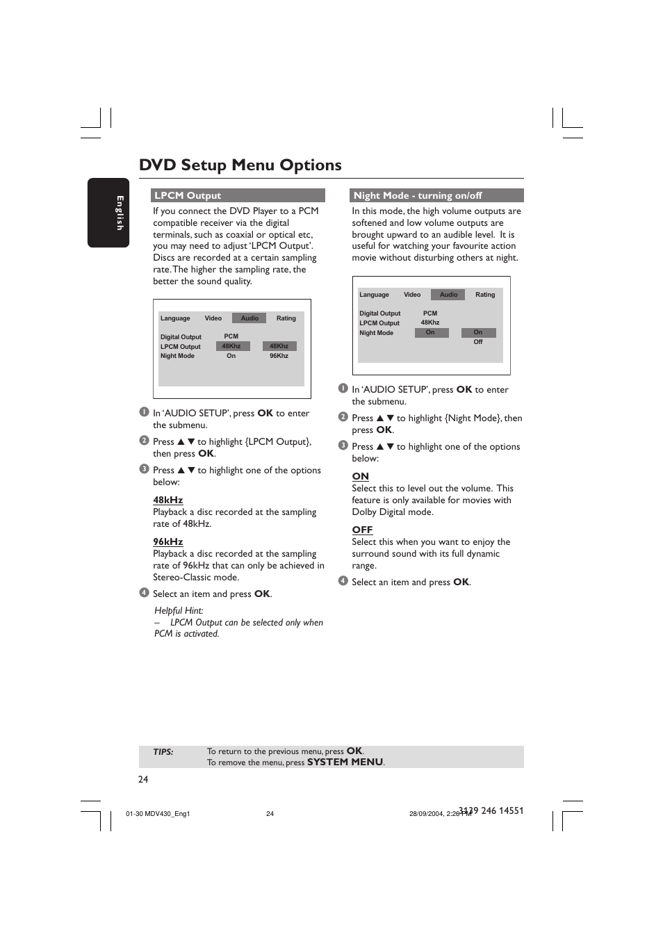 Dvd setup menu options | Philips Magnavox MDV430 User Manual | Page 24 / 30