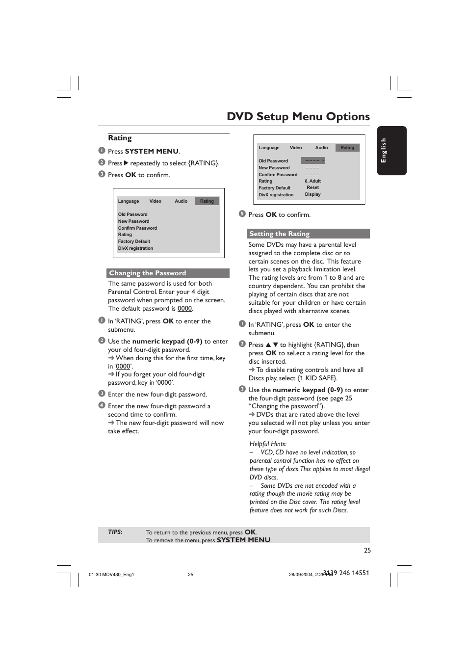 Dvd setup menu options | Philips Magnavox MDV430 User Manual | Page 25 / 30