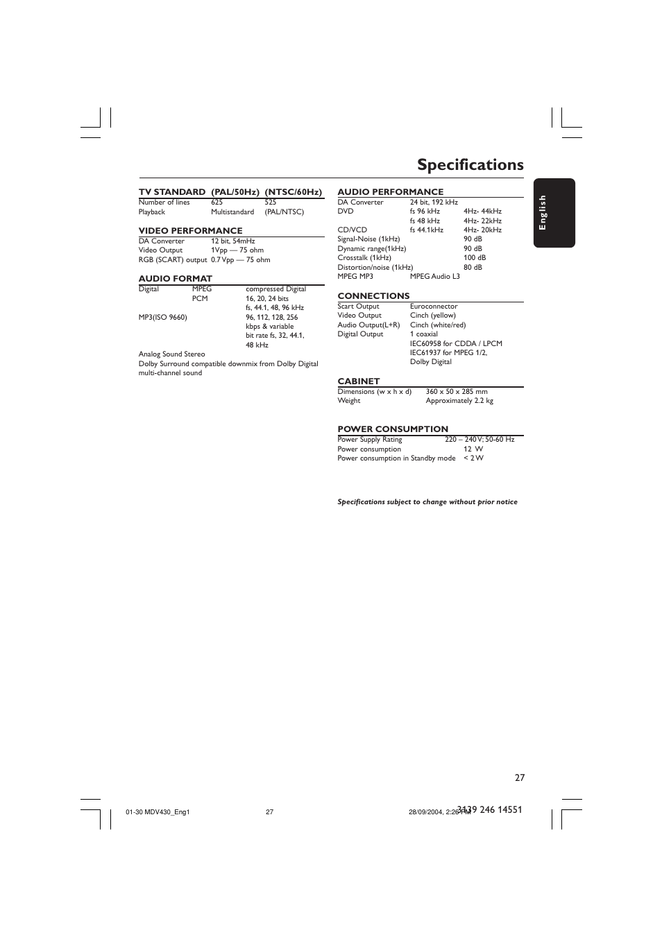 Specifications | Philips Magnavox MDV430 User Manual | Page 27 / 30