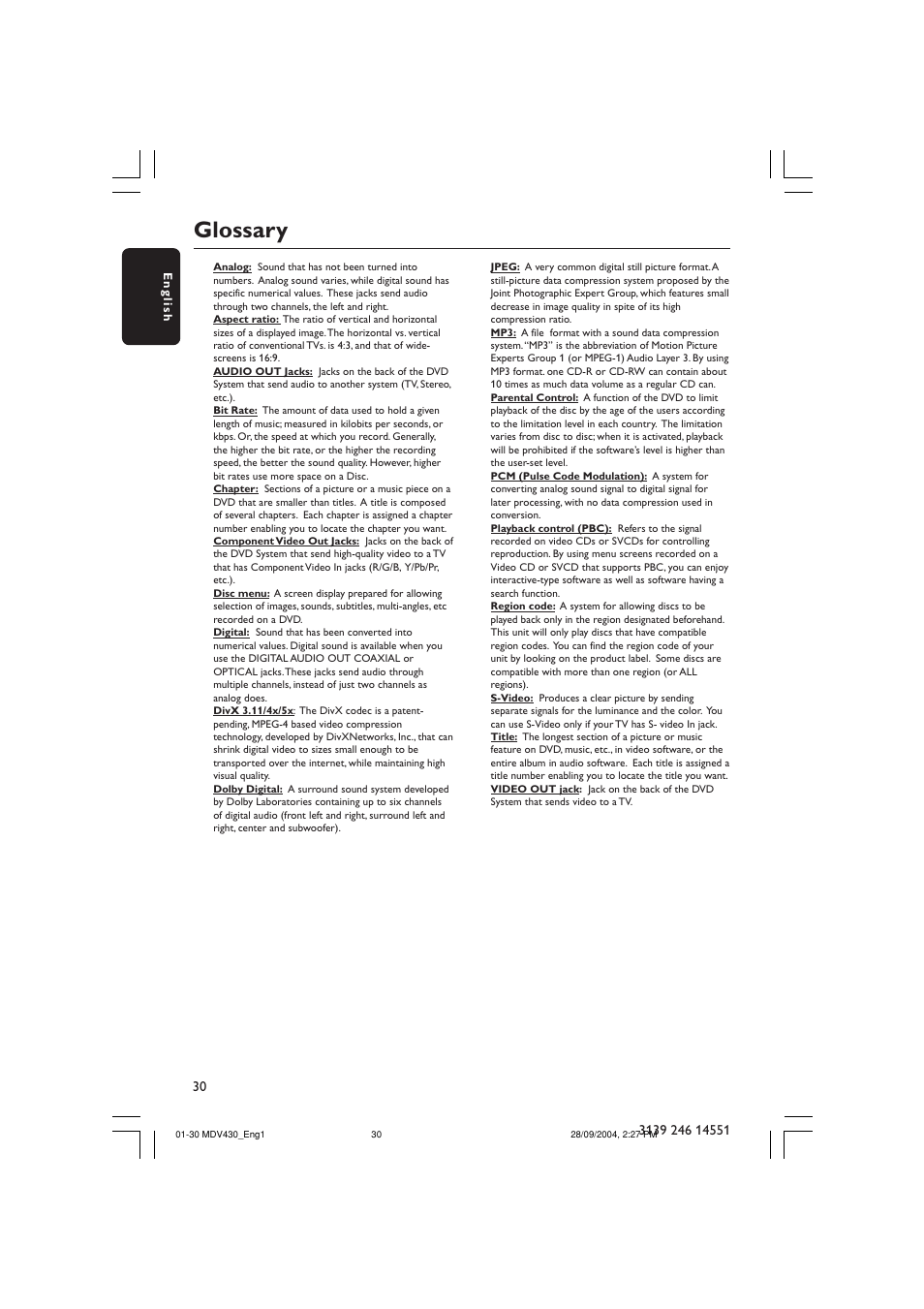 Glossary | Philips Magnavox MDV430 User Manual | Page 30 / 30