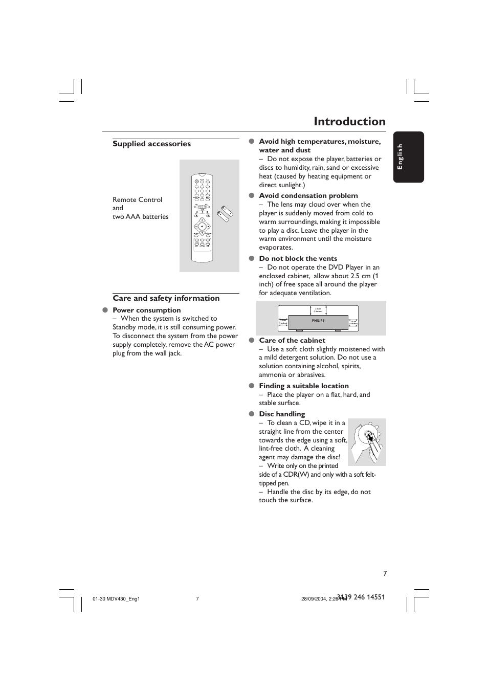 Introduction, Supplied accessories, Care and safety information | Philips Magnavox MDV430 User Manual | Page 7 / 30