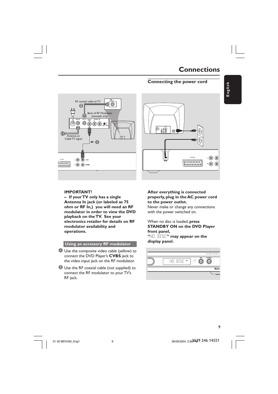 Connections, Connecting the power cord | Philips Magnavox MDV430 User Manual | Page 9 / 30