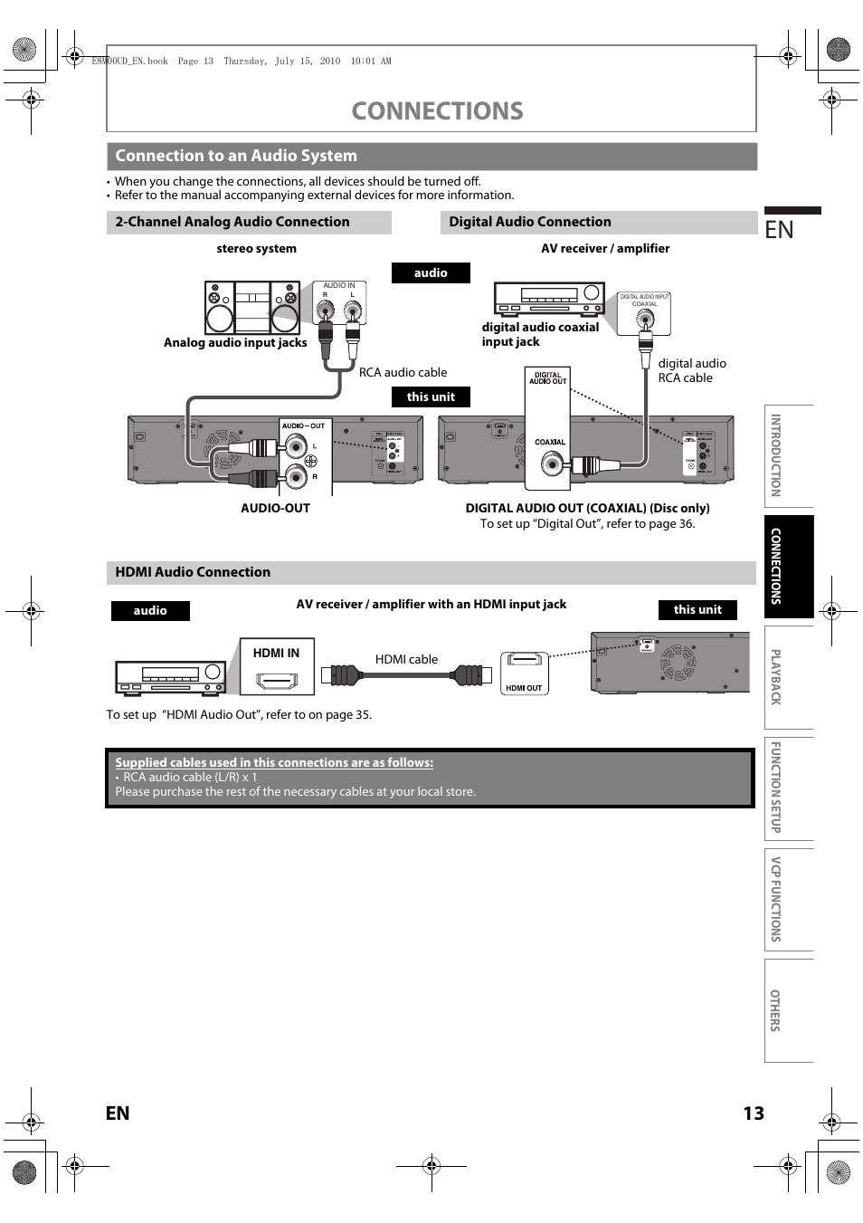 Connection to an audio system, Connections en, 13 en | Philips Magnavox MBP110V/F7 User Manual | Page 13 / 48