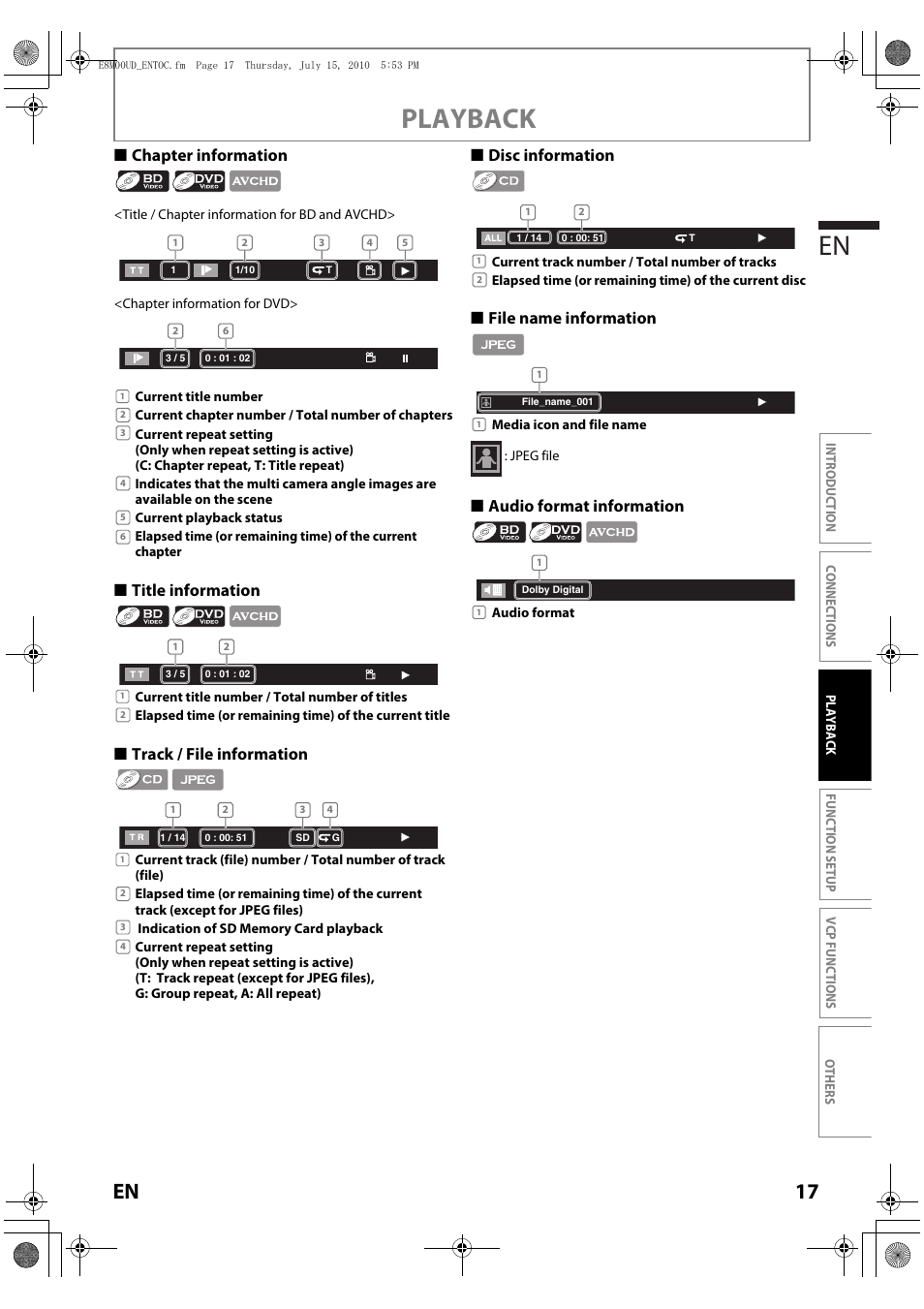 Playback en, 17 en, Chapter information | Audio format information | Philips Magnavox MBP110V/F7 User Manual | Page 17 / 48