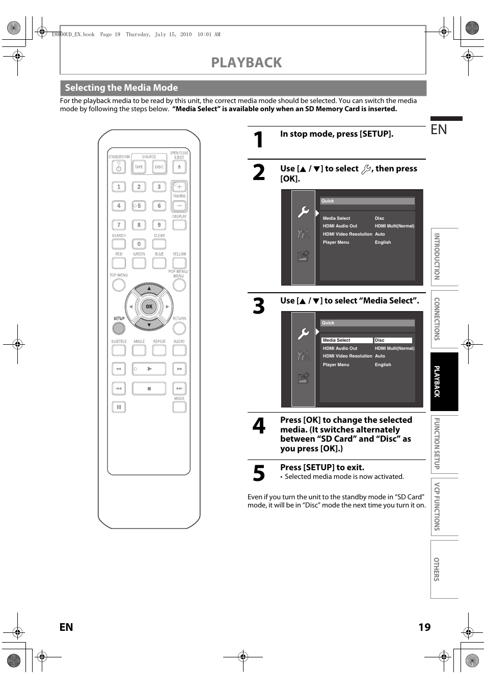 Selecting the media mode, Playback en, 19 en | Philips Magnavox MBP110V/F7 User Manual | Page 19 / 48