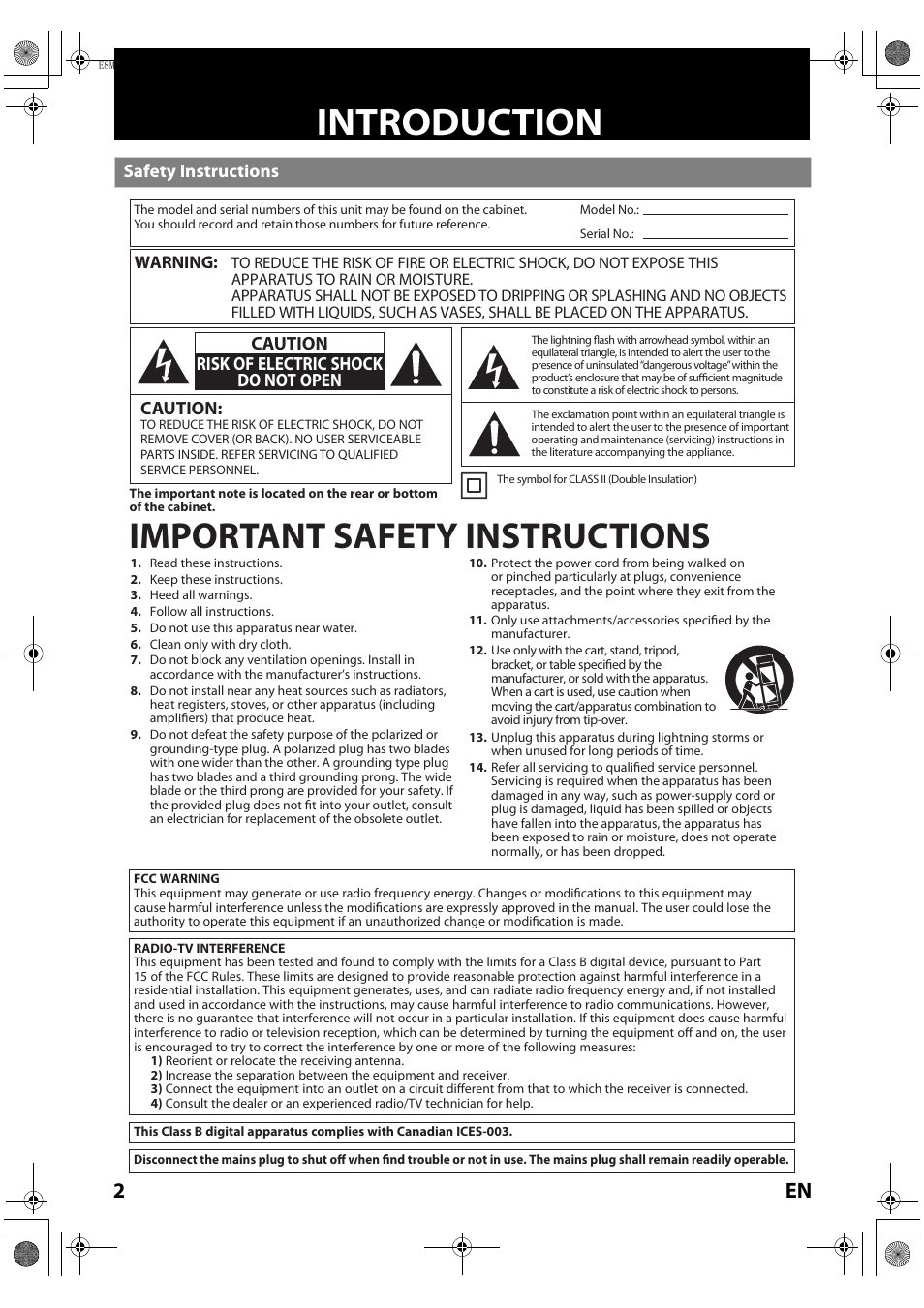 Introduction, Safety instructions, Important safety instructions | Caution, Caution risk of electric shock do not open | Philips Magnavox MBP110V/F7 User Manual | Page 2 / 48