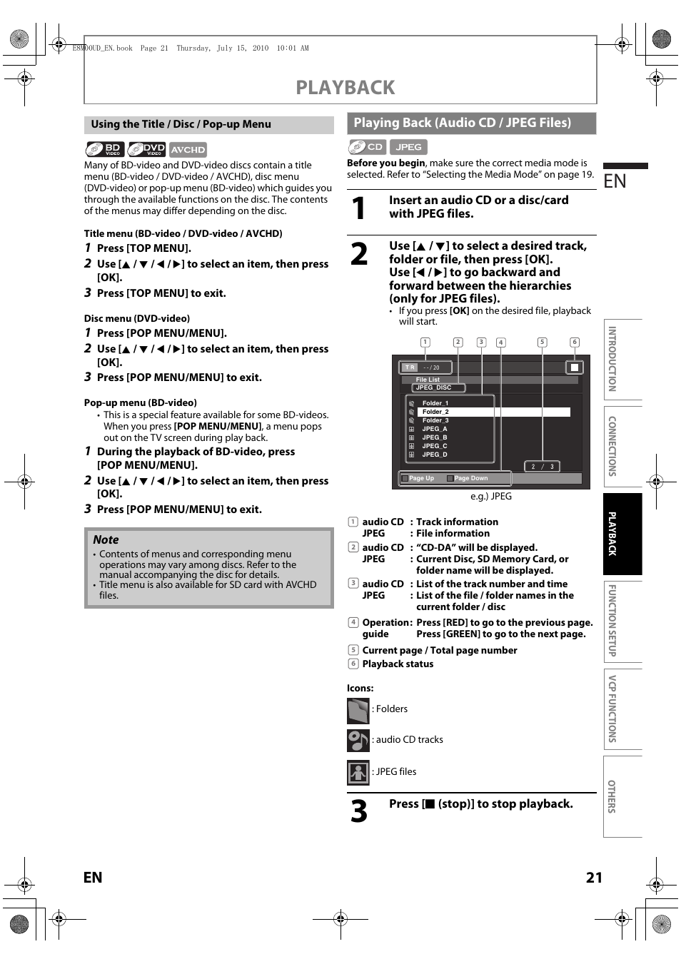 Playing back (audio cd / jpeg files), Playback en, 21 en | Philips Magnavox MBP110V/F7 User Manual | Page 21 / 48