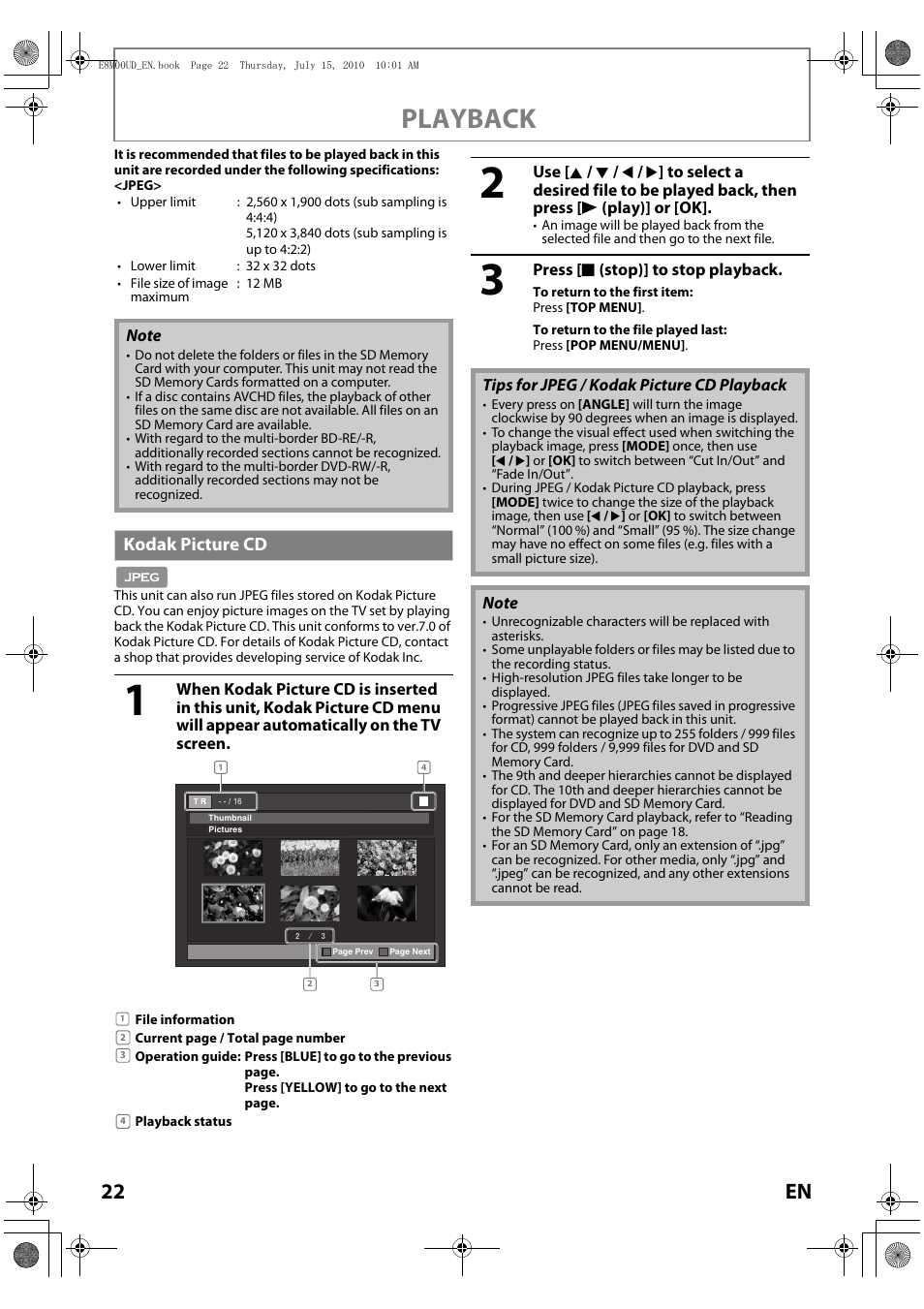 Kodak picture cd, Playback, 22 en | Philips Magnavox MBP110V/F7 User Manual | Page 22 / 48