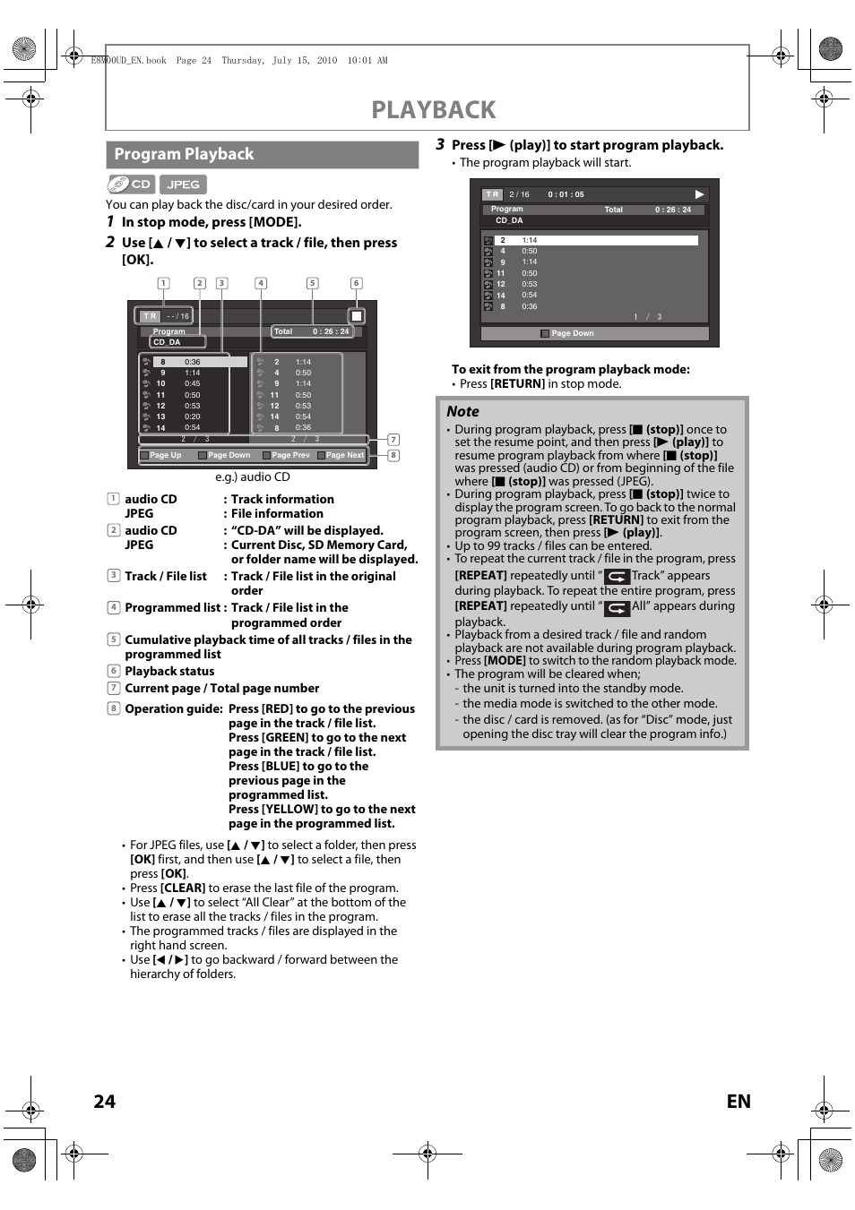 Program playback, Playback, 24 en | Philips Magnavox MBP110V/F7 User Manual | Page 24 / 48