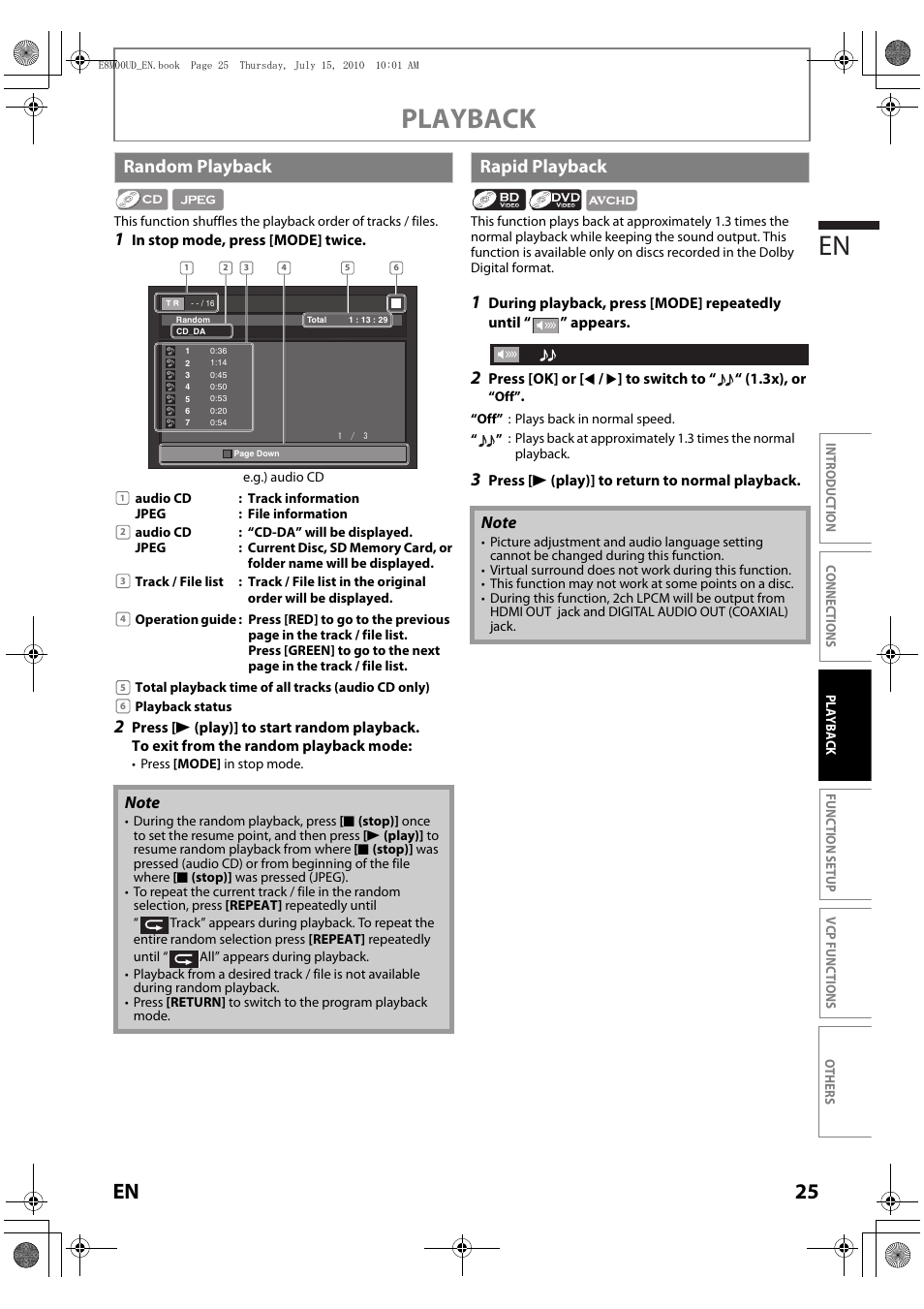 Random playback, Rapid playback, Playback en | 25 en | Philips Magnavox MBP110V/F7 User Manual | Page 25 / 48