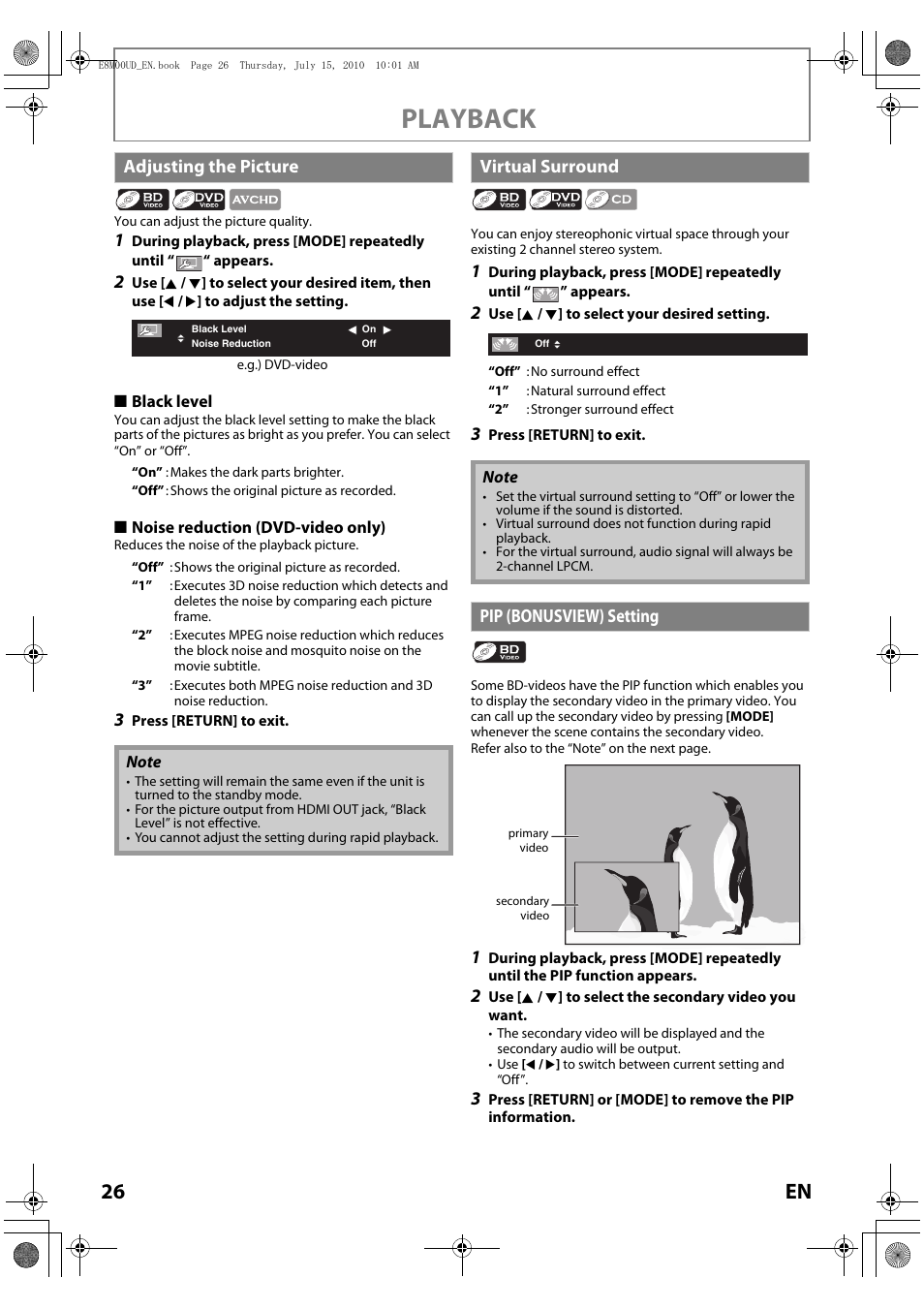 Adjusting the picture, Virtual surround, Pip (bonusview) setting | Playback, 26 en | Philips Magnavox MBP110V/F7 User Manual | Page 26 / 48