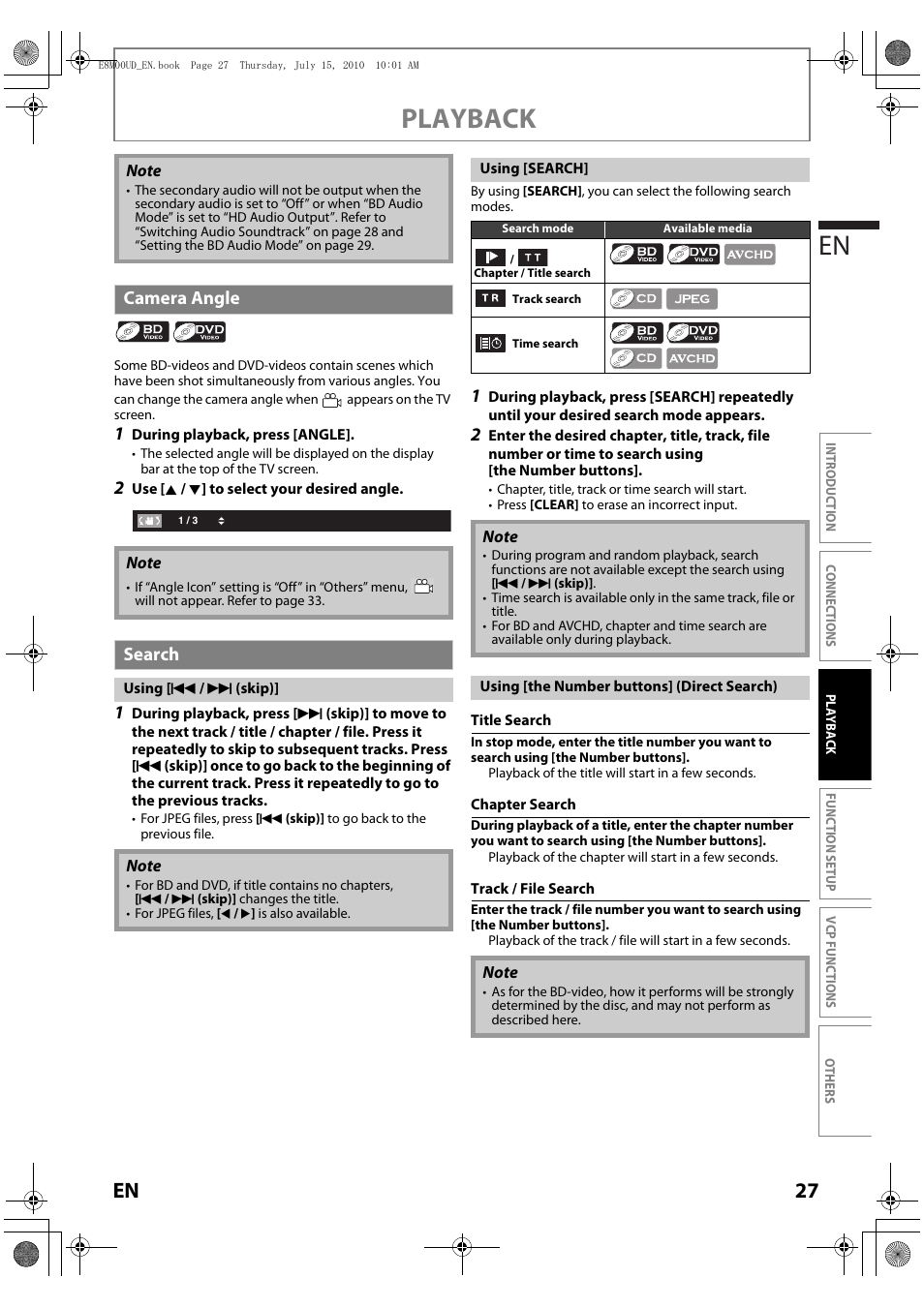 Camera angle, Search, Playback en | 27 en | Philips Magnavox MBP110V/F7 User Manual | Page 27 / 48