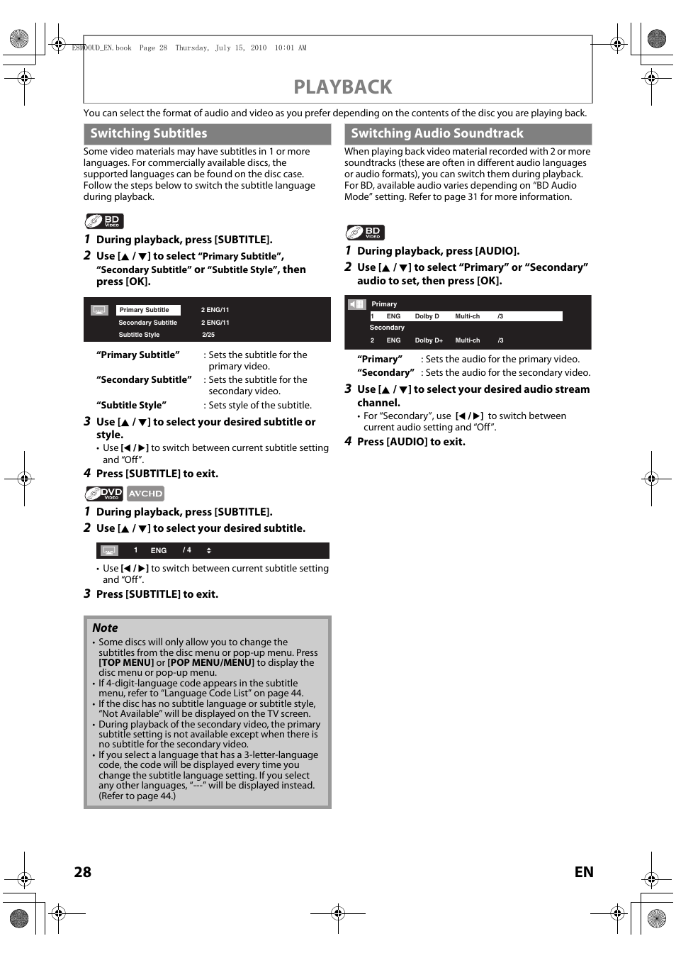 Switching subtitles, Switching audio soundtrack, Playback | 28 en | Philips Magnavox MBP110V/F7 User Manual | Page 28 / 48