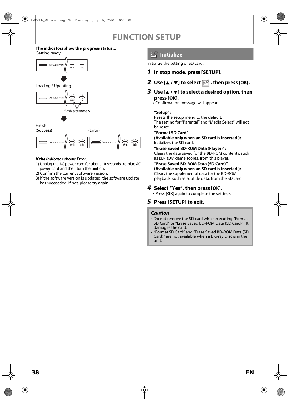 Initialize, Function setup, 38 en | Philips Magnavox MBP110V/F7 User Manual | Page 38 / 48