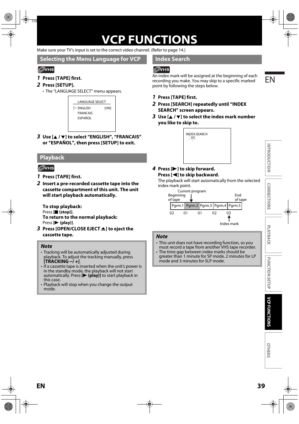 Vcp functions, Selecting the menu language for vcp, Playback | Index search, 39 en, Selecting the menu language for vcp playback | Philips Magnavox MBP110V/F7 User Manual | Page 39 / 48